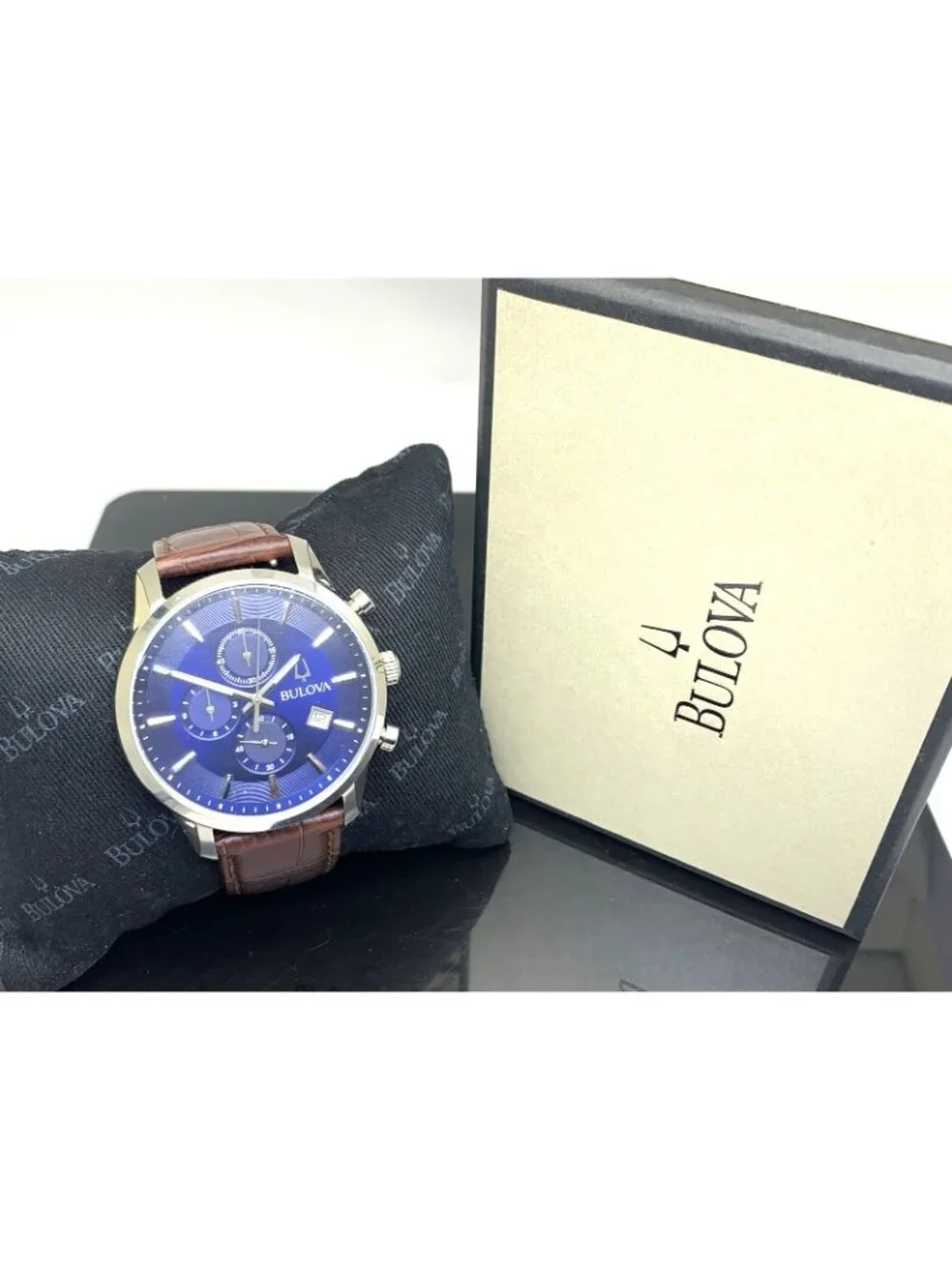 Bulova Men's Watch 96B402 Chronograph Quartz Blue Dial Brown Leather Strap 41mm